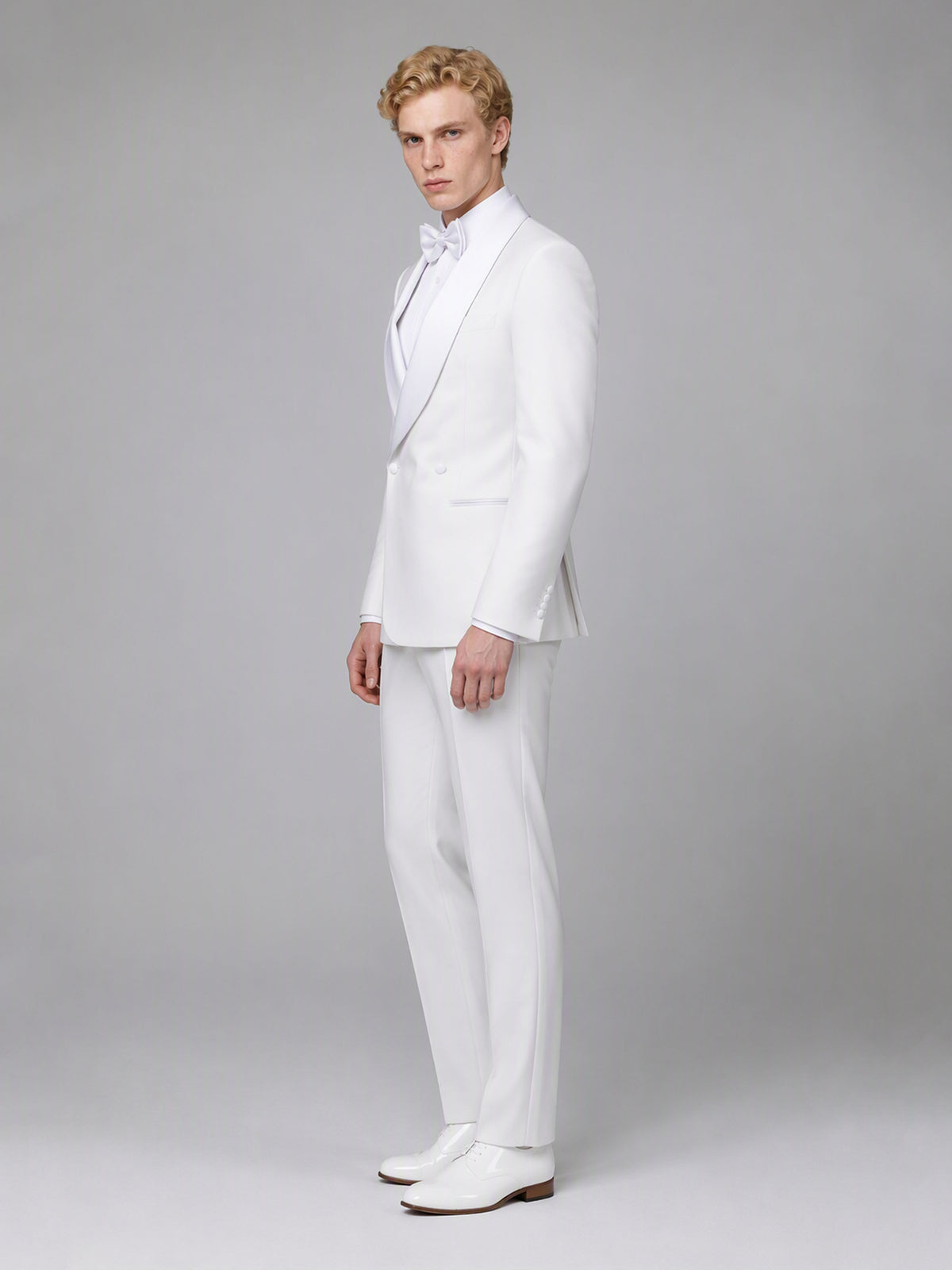 Savile GA0173 Men's White Double-Breasted Tonal White Satin Shawl Lapel Tuxedo – Side Profile View with White Oxford Shoes