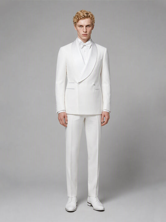 Savile GA0173 Men's White Double-Breasted Tonal White Satin Shawl Lapel Tuxedo – Front Full Body View Hands at Sides with White Oxford Shoes