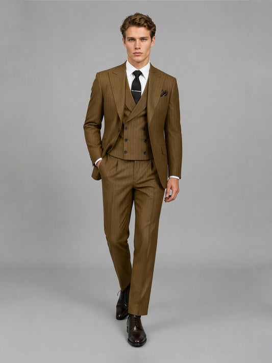 Men's camel brown pinstripe 3-piece suit set – front close-up view, Savile GA0174
