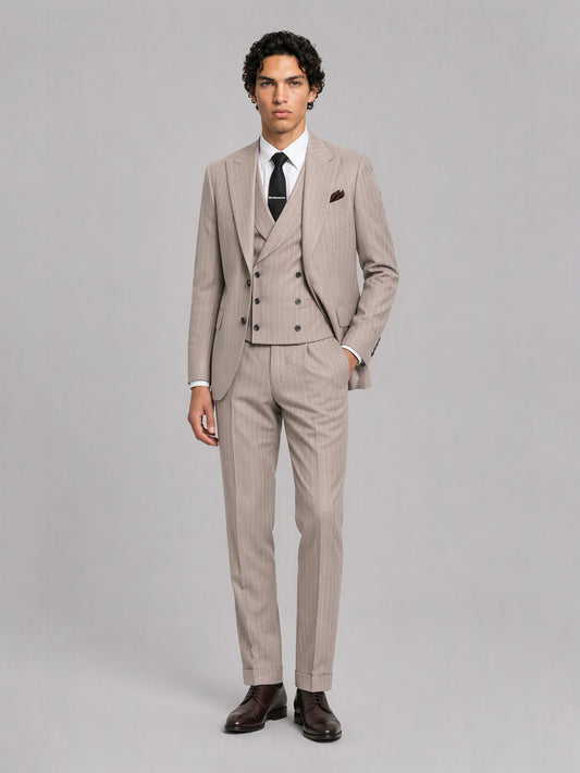 Men's khaki pinstripe 3-piece suit set – front full-length view, Savile GA0174