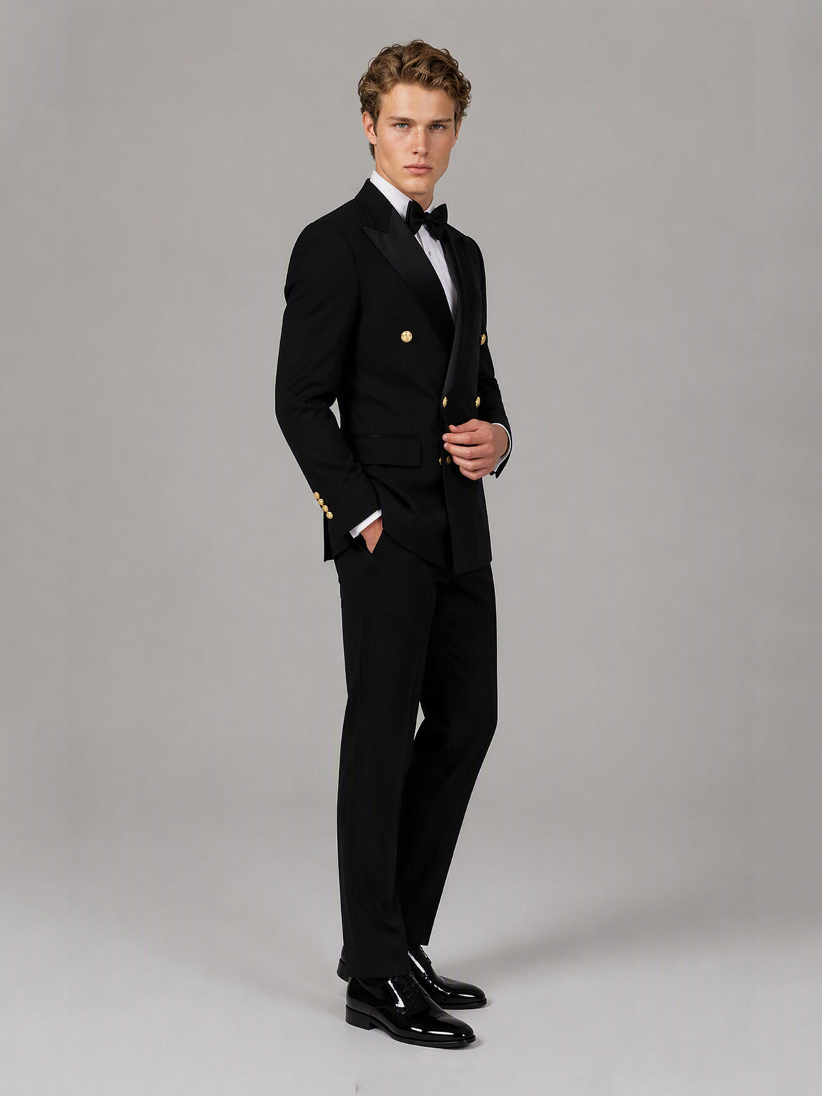 Men's black double-breasted 2-piece suit set – front full-length walking view, Savile GA0175
