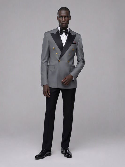 Men's grey double-breasted 2-piece suit set – front full-length standing view, Savile GA0175