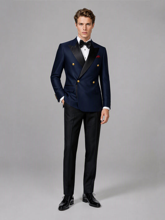 Men's navy blue double-breasted 2-piece suit set – front full-length walking view, Savile GA0175