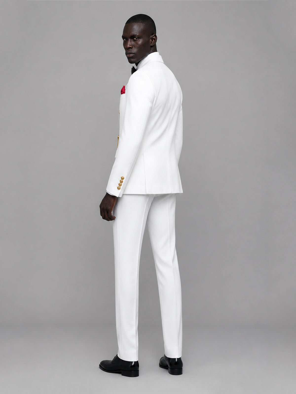 Men's white double-breasted 2-piece suit set – back three-quarter view, Savile GA0176