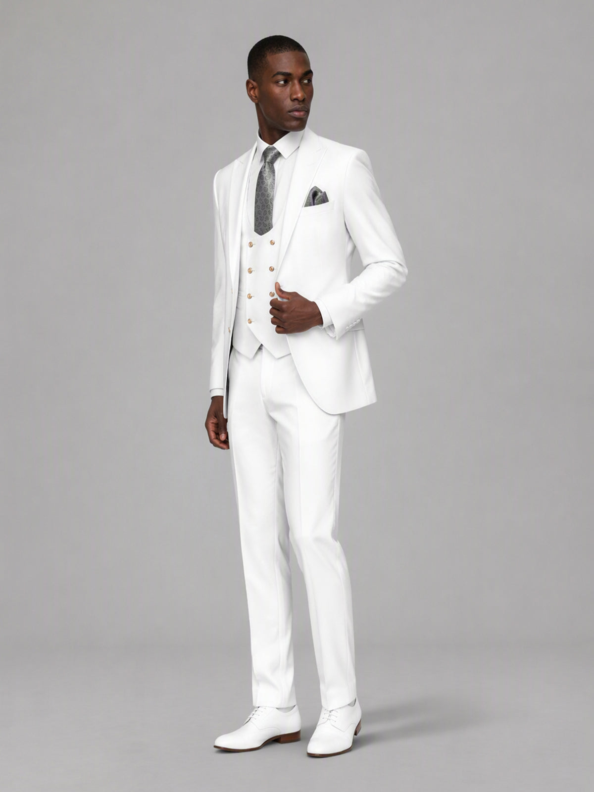 Men's white 3-piece suit set – front full-length walking view, Savile GA0177