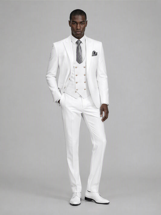 Men's white 3-piece suit set – three-quarter side standing view, Savile GA0177