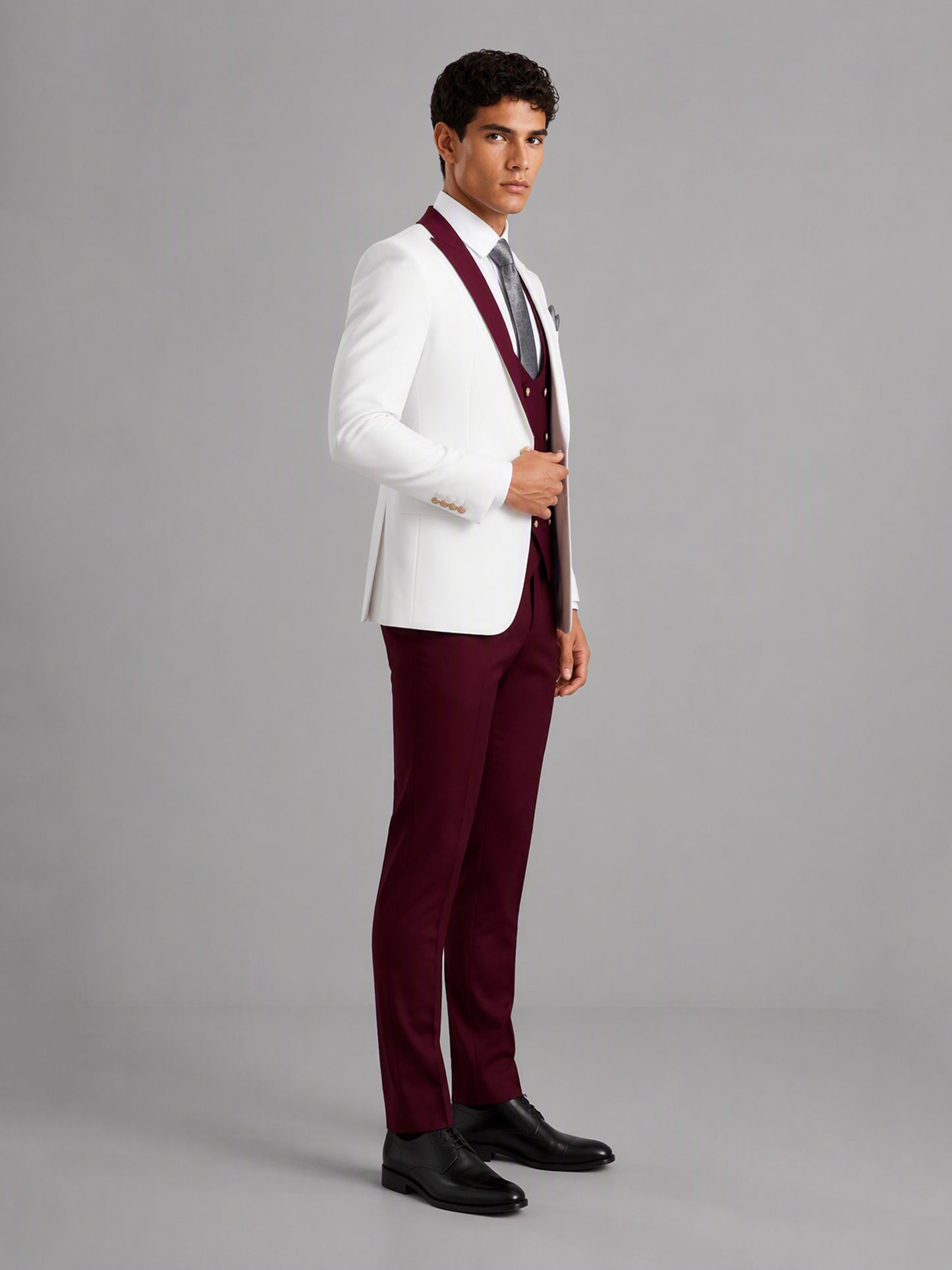 Savile GA0178 Men's White & Burgundy 3-Piece Suit Set – Side profile full length
