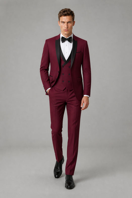 Men's Burgundy Tuxedo 3-Piece Suit – Vest Front View | Savile GA0179