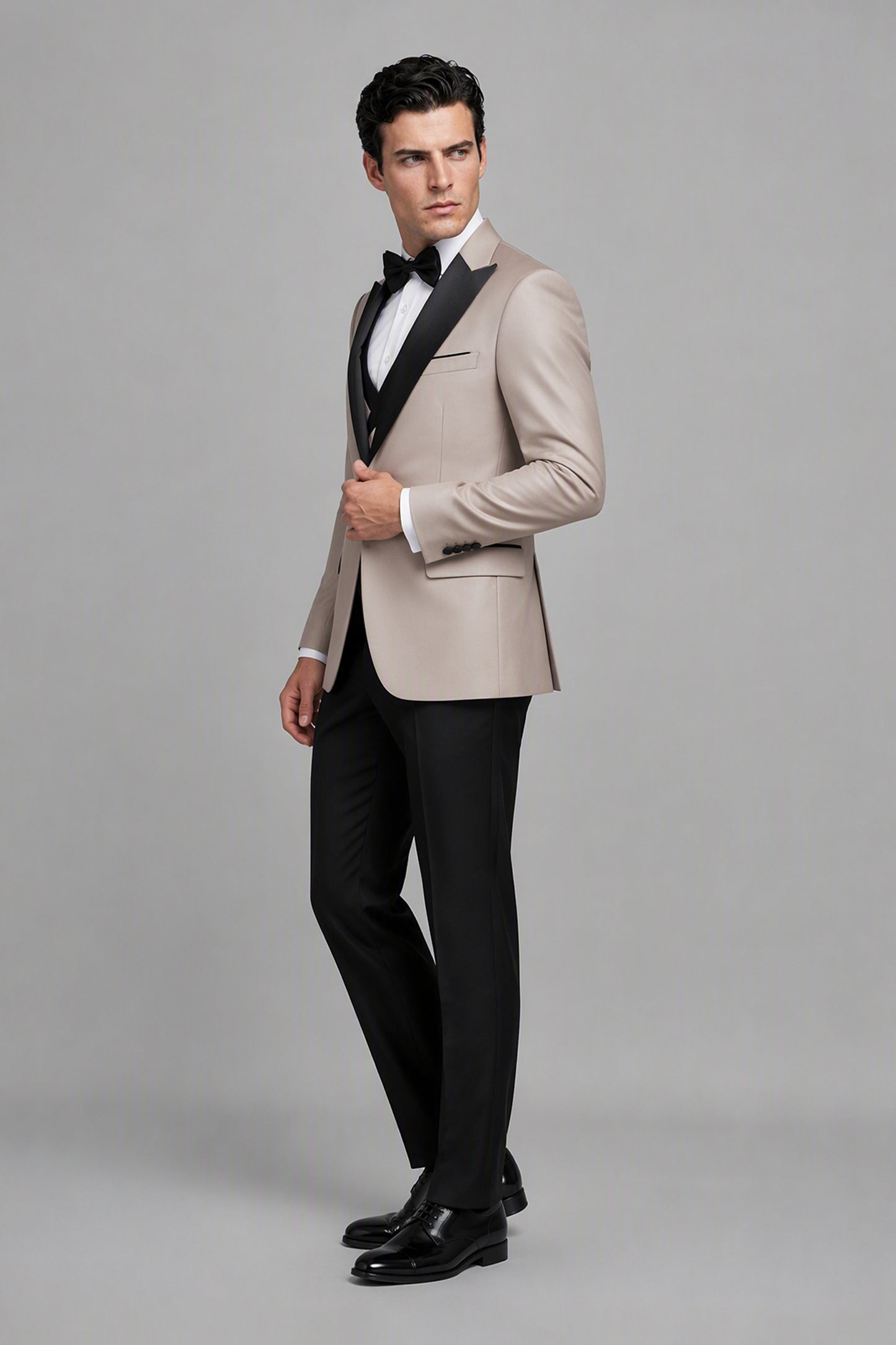 Men's Khaki Tuxedo 3-Piece Suit – 3/4 Front View | Savile GA0179
