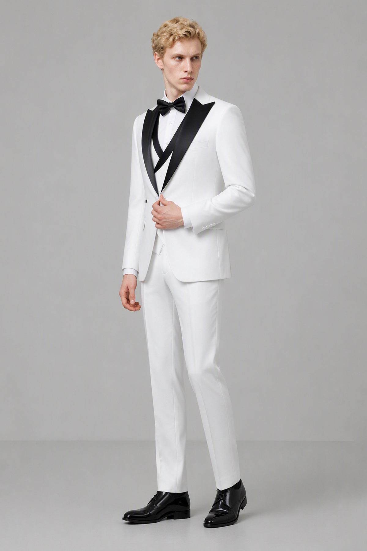 Men's White Tuxedo 3-Piece Suit – Full Body Walking View | Savile GA0179