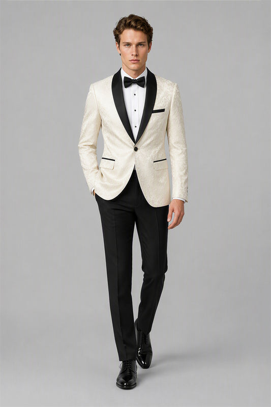 Men's Ivory Jacquard Tuxedo 2-Piece Suit – Front Close-Up with Bow Tie | Savile GA0180