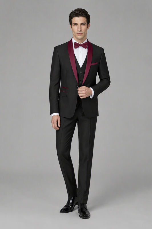 Savile Black & Burgundy 3-Piece Tuxedo Set – Three-quarter front view, model holding jacket open to show vest detail