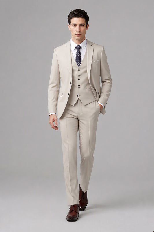 Savile Beige 3-Piece Suit Set – Half-body front close-up showing notch lapel jacket, vest and navy tie detail