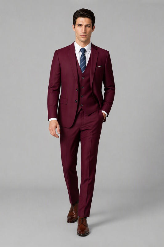 Savile Burgundy 3-Piece Suit Set – Half-body front close-up showing notch lapel jacket, vest buttons, pocket square and navy tie