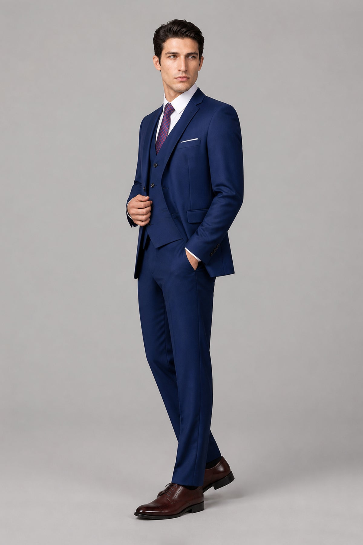 Savile Royal Blue 3-Piece Suit Set – Full front standing view, hands in pockets showing complete look with jacket, vest, shirt and trousers