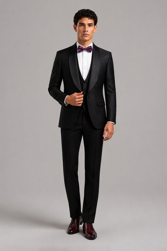Savile Black Jacquard 3-Piece Tuxedo Set – Full front walking view showing complete look with jacquard jacket, vest, white shirt and trousers