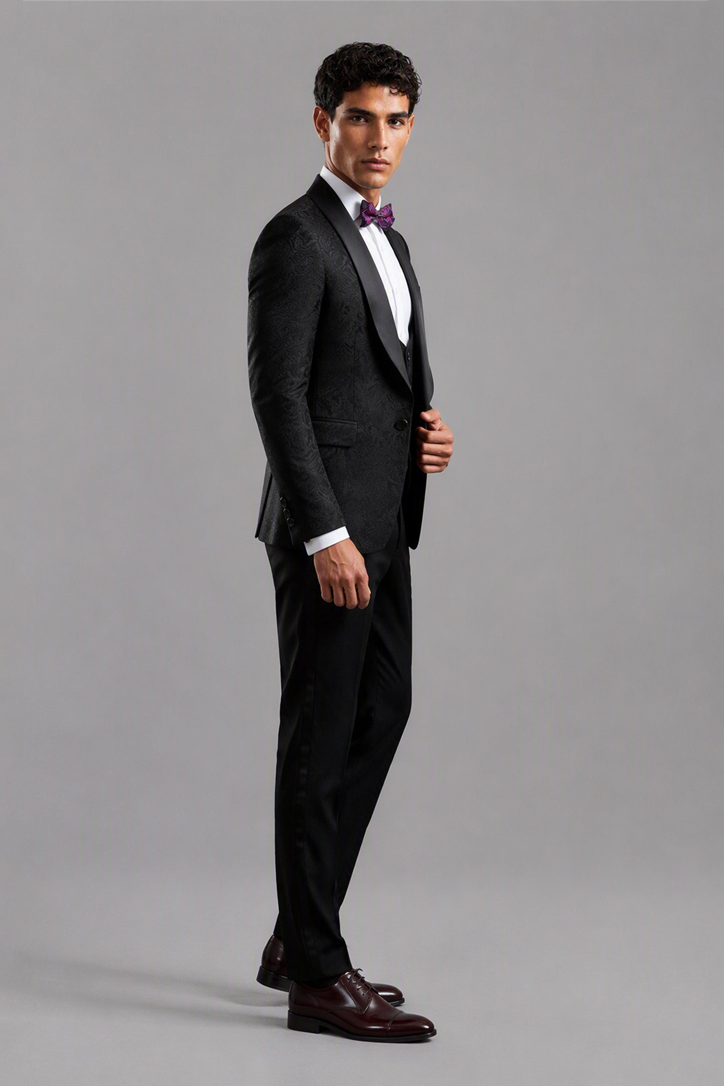 Savile Black Jacquard 3-Piece Tuxedo Set – Full rear view showing jacquard jacket back construction and tapered trouser fit