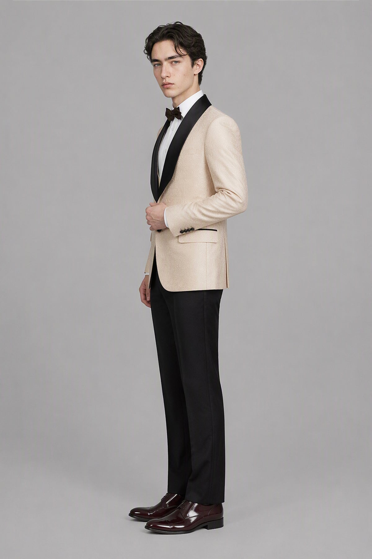 Savile Champagne Jacquard 3-Piece Tuxedo Set – Rear three-quarter side view showing jacket back construction, satin lapel edge and tapered black trouser fit