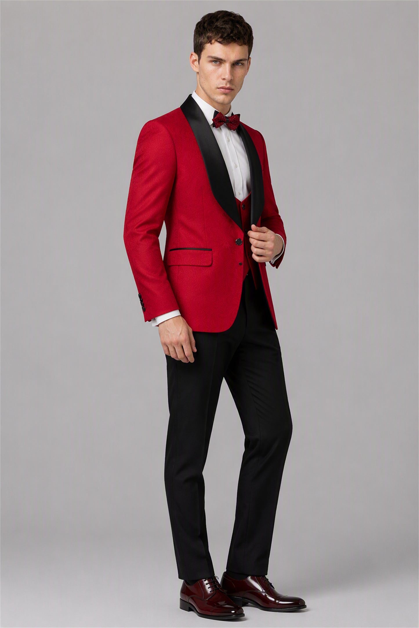Savile Red 3-Piece Tuxedo Set – Full rear view showing red jacket back construction, black satin lapel edge and tapered black trouser fit