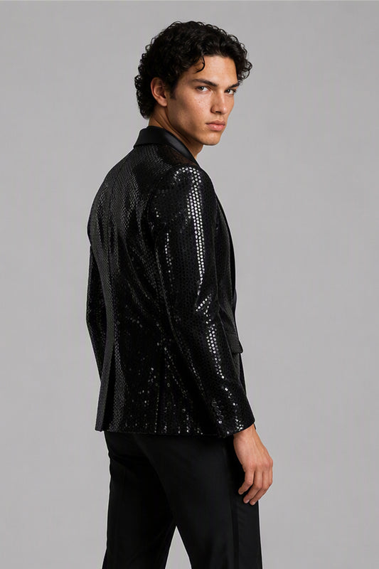 Savile Black Sequin Tuxedo Jacket – Full front walking view showing complete look with sequin jacket, black shirt and black trousers