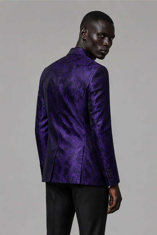 Savile Purple Paisley Jacquard Tuxedo Jacket – Rear three-quarter view showing purple paisley jacket back construction and black satin lapel edge