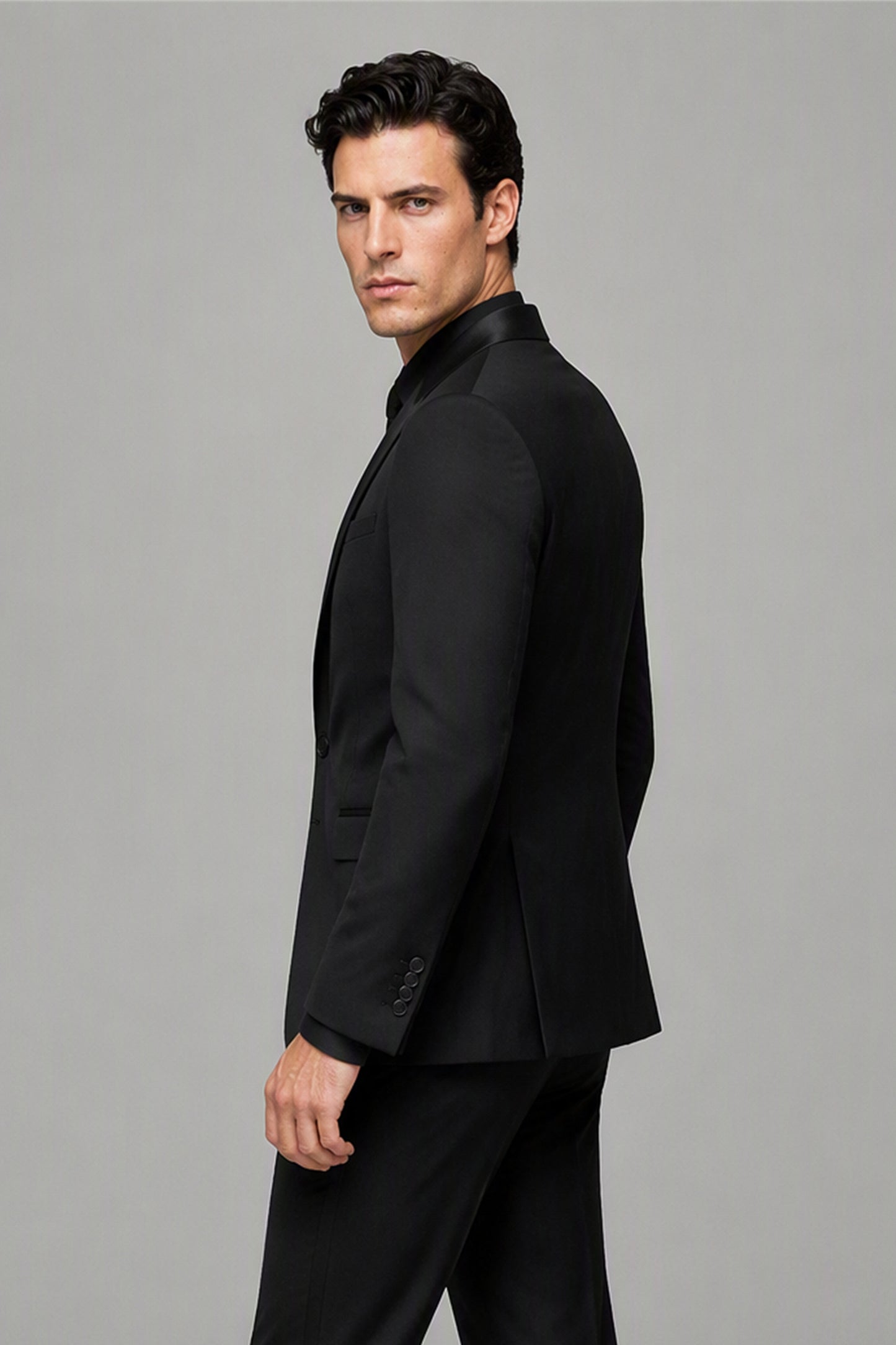 Savile Black 3-Piece Tuxedo Set – Full side profile view showing slim silhouette, black satin shawl lapel edge and tapered trouser fit