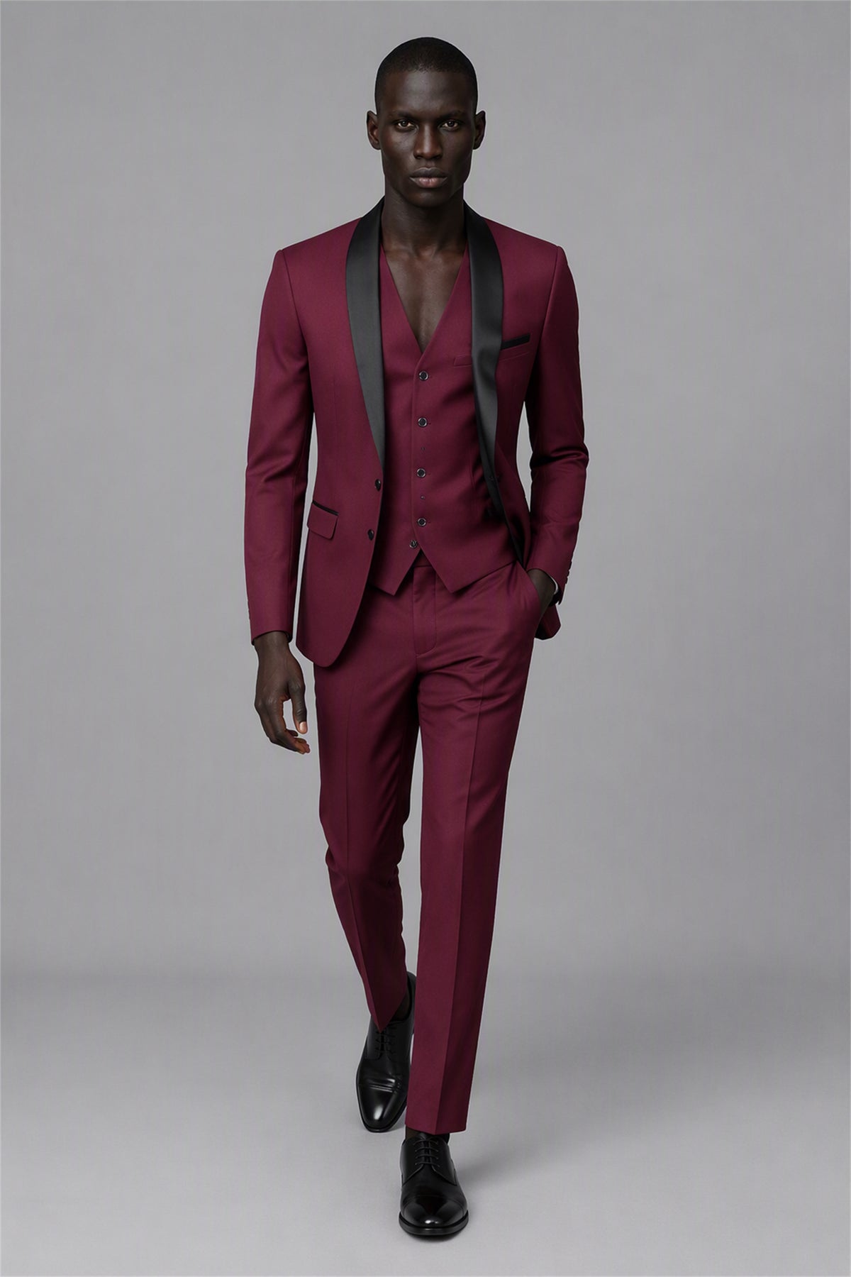 Savile Men's Burgundy 3-Piece Tuxedo Set | Jacket, Vest & Trousers with Shawl Lapel