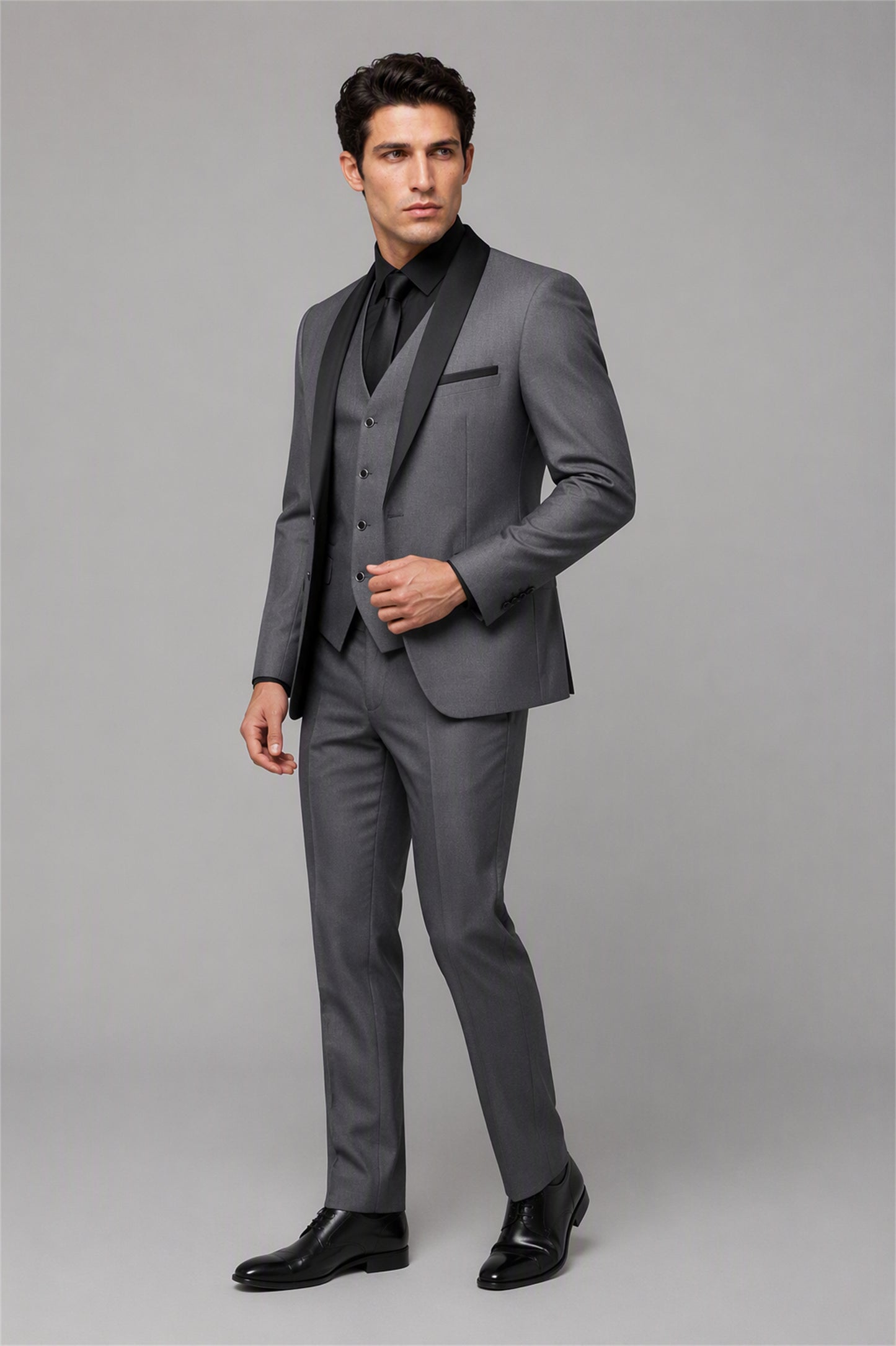 Savile Grey 3-Piece Tuxedo Set – Full rear three-quarter view showing charcoal grey jacket back construction, black satin shawl lapel edge and tapered trouser fit