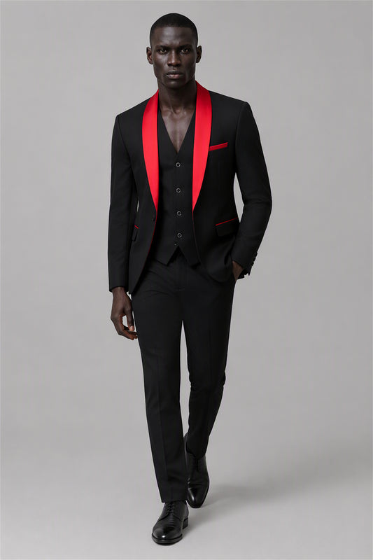 Savile Black & Red 3-Piece Tuxedo Set – Half-body front close-up showing black wool-blend jacket, bold red satin shawl lapel, red pocket square and black vest with black shirt