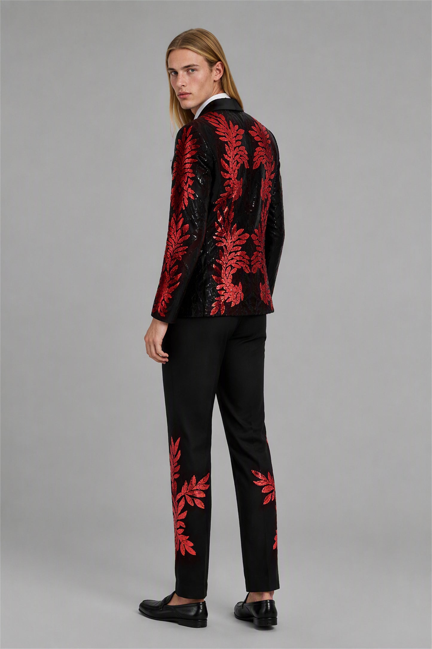 Men's Black Red Sequin Tuxedo Suit Set – Front Full Length | Savile GA0190