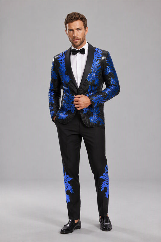 Men's Black Royal Blue Sequin Tuxedo Suit Set – Back View | Savile GA0190