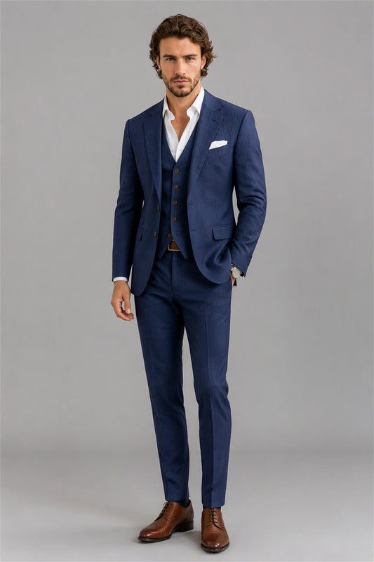 Men's Navy Blue 3-Piece Suit Set – Side Full Length | Savile GA0191