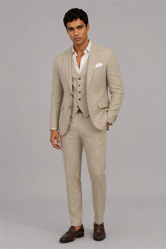 Men's Tan 3-Piece Linen Suit Set – Walking Full Length | Savile GA0191