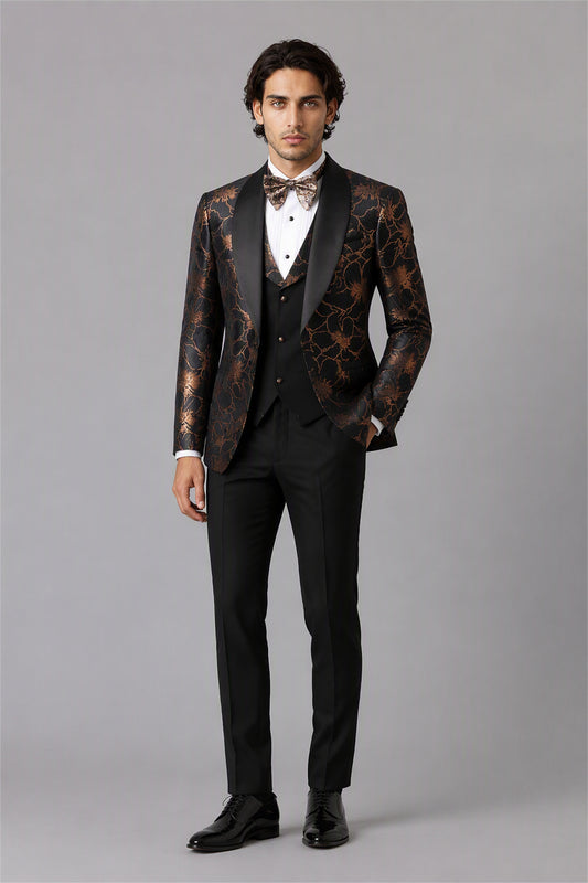 Men's Black Gold Floral Jacquard 3-Piece Tuxedo Suit Set – Back Full Length | Savile GA0192