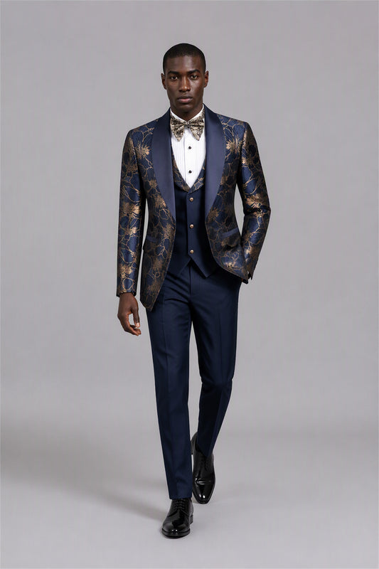 Men's Navy Blue Gold Floral Jacquard Tuxedo Suit Set – Side Three-Quarter View | Savile GA0192