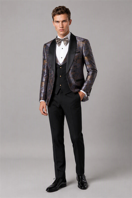 Men's Dark Purple Gold Floral Jacquard 3-Piece Tuxedo Suit Set – Walking Full Length | Savile GA0192
