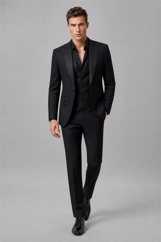 Men's All Black Crystal Embellished 3-Piece Tuxedo Suit Set – Back View | Savile GA0193