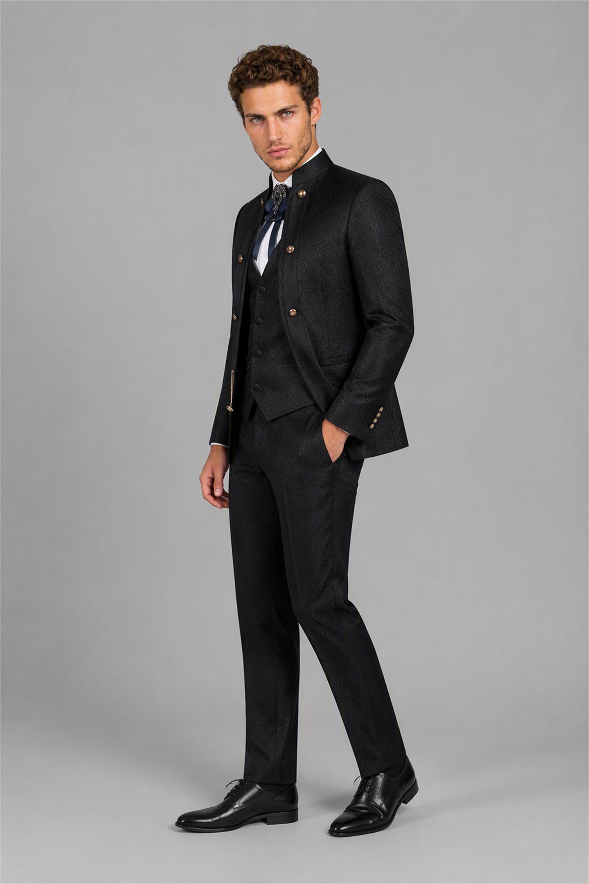 Men's Black Jacquard Mandarin Collar Military 3-Piece Suit Set - Three Quarter Standing Pose