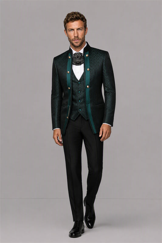 Men's Teal Green Jacquard Mandarin Collar Military Suit Blazer – Front Upper Body Close-Up | Savile GA0194
