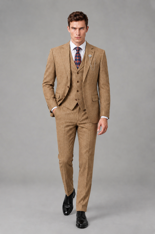 Savile Men's Grey Notch Lapel 3-Piece Suit Set | Jacket, Vest & Trousers - Gold - Gold