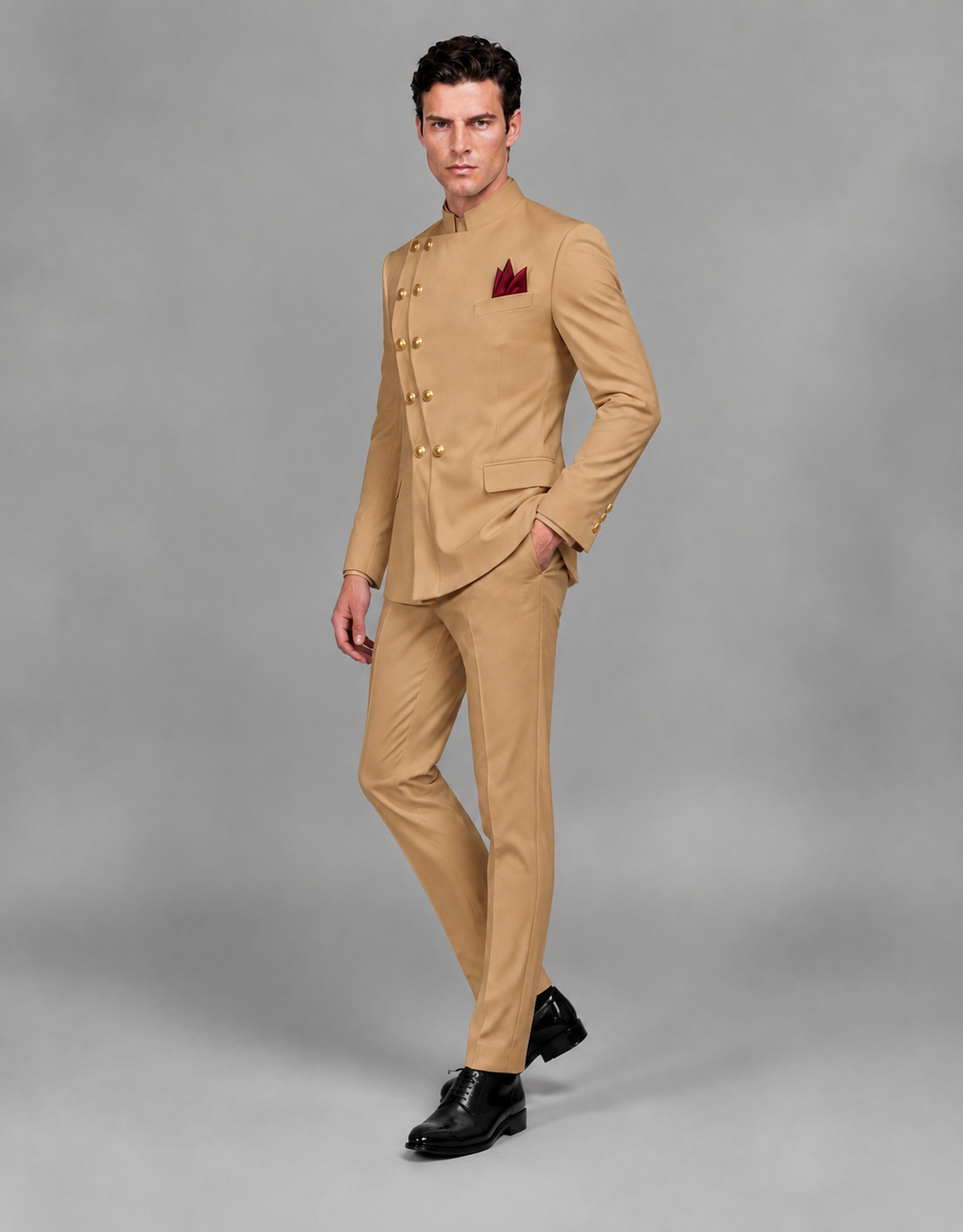 BOLODOO Men's Gold Asymmetrical Mandarin Collar Tuxedo Suit – Modern 2-Piece Gold Button Wedding, Prom & Gala Set - Gold - Gold_04
