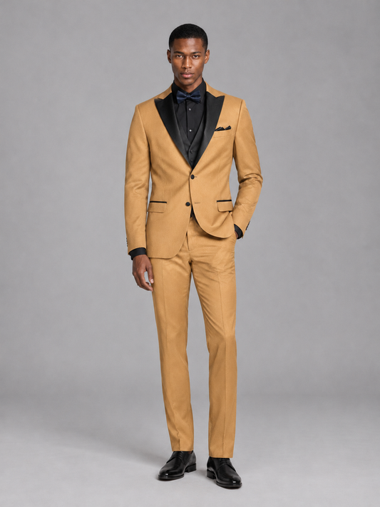 Savile Men's Gold Contrast Shawl Lapel Tuxedo Suit – 3-Piece Wedding, Prom & Black-Tie Formal Set - Gold - Gold_2