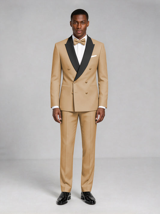 Men's Gold Double-Breasted Tuxedo Suit – Satin Shawl Lapel Gold-Tie Wedding & Gala 2-Piece Set - Gold