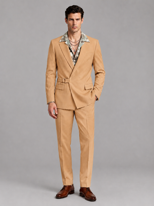 Savile Men's Gold Belted Wrap 2-Piece Suit – Peak Lapel Blazer & Tailored Trousers - SUC060 - Gold - Gold_2