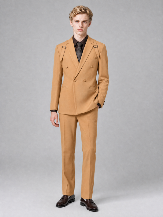 Men's Light Gold Double-Breasted Slim Fit 2-Piece Suit – Peak Lapel Wedding & Business Formal Set - Gold - Gold_2