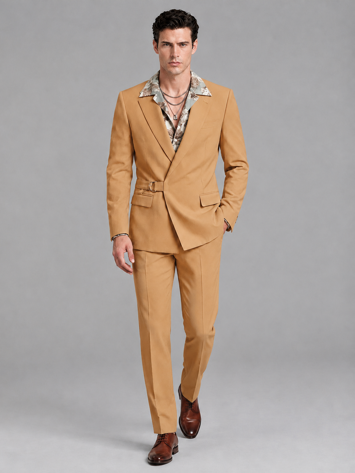 Savile Men's Gold Belted Wrap 2-Piece Suit – Peak Lapel Blazer & Tailored Trousers - SUC060 - Gold - Gold_4