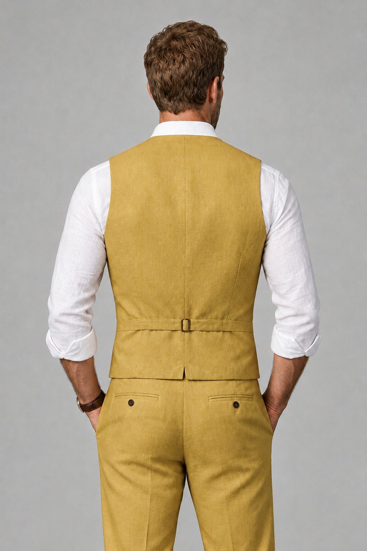 Men's Gold Linen Blend Single-Breasted V-Neck Suit Vest | Savile QX0101 - Gold