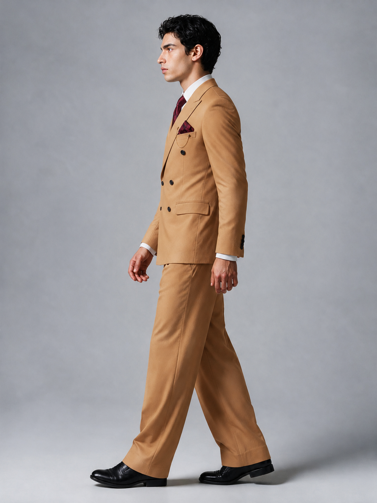 Savile Men's Gold Double-Breasted 2-Piece Suit Set – Peak Lapel Blazer & Pleated Wide-Leg Trousers - Gold - Gold_4