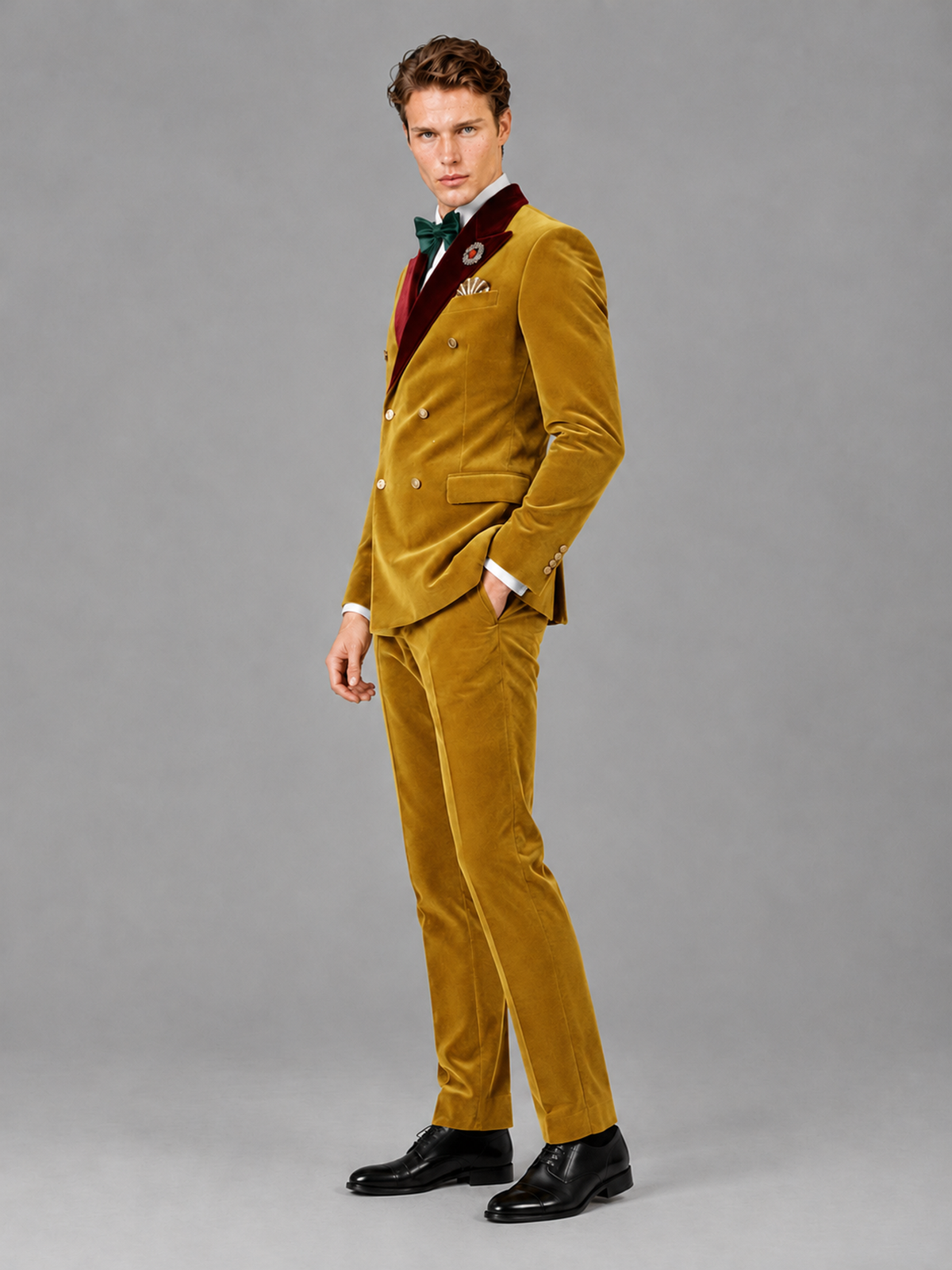 Savile Men's Gold Velvet Double-Breasted 2-Piece Tuxedo Suit with Burgundy Peak Lapel - Gold