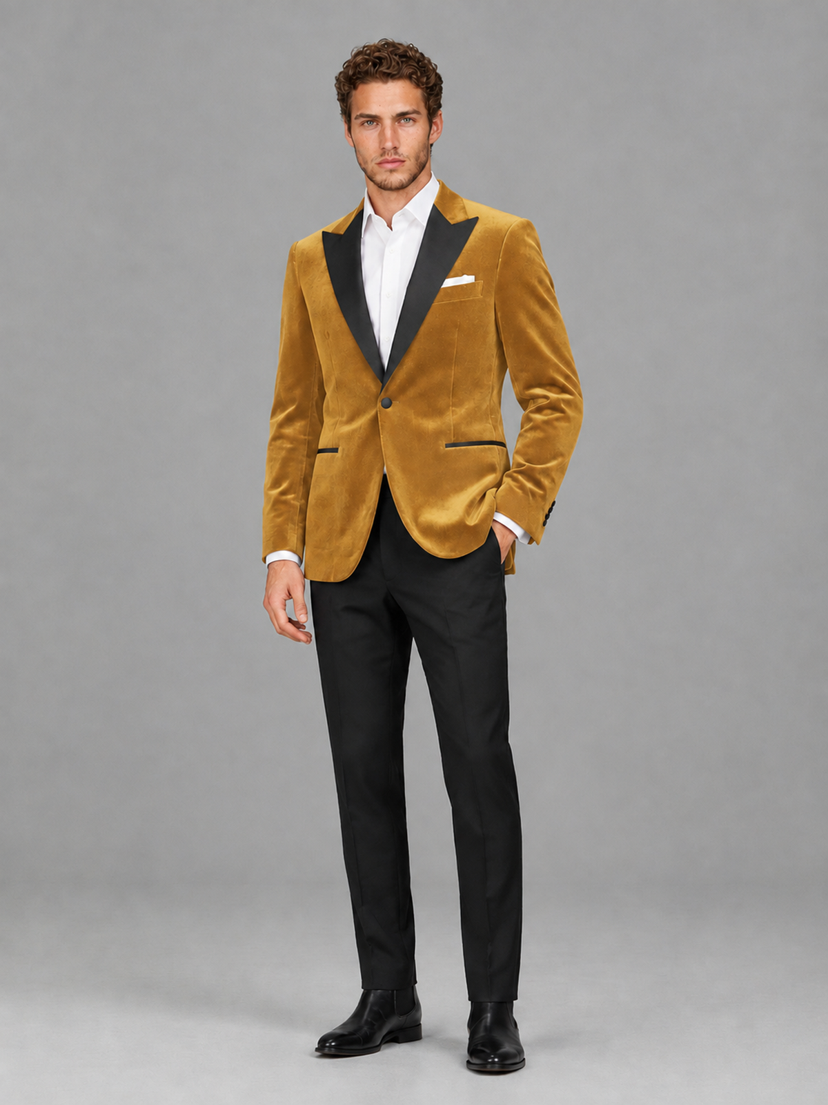 Savile Men's Gold Velvet Peak Lapel 2-Piece Tuxedo Suit Set | Jacket & Trousers - Gold
